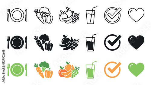 Various healthy food and wellness icons are displayed in a grid, featuring outline, solid black, and vibrant color styles, representing nutrition and well-being
