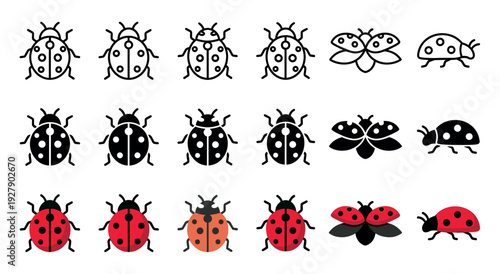 Collection of diverse ladybug insect icons presented in various graphic styles including outline, solid black, and vibrant red and orange with spots, showcasing different poses