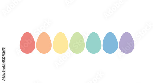 Seven pastel-colored eggs arranged in a rainbow spectrum on a white background, simple illustration.