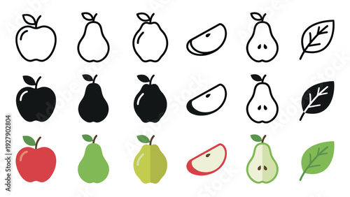 Diverse collection of fruit and leaf icons, including apples and pears, presented in outline, solid black, and vibrant colored flat design styles, featuring whole and cut fruit