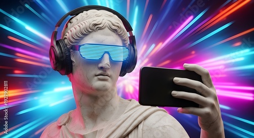 Ancient Greek Statue with Headphones and Neon Glasses Taking Selfie isolated PNG with Transparent Background
