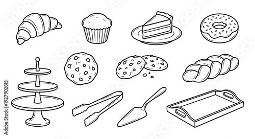 Collection of hand-drawn bakery items and serving utensils is presented in a clean black and white line art style, featuring various sweet treats and essential tools