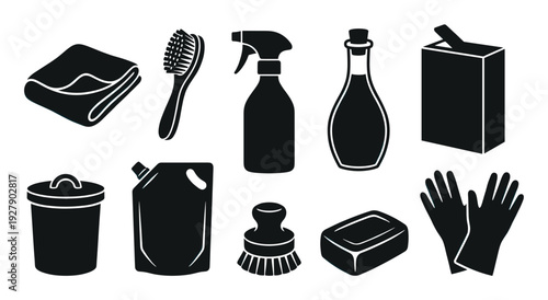 Various black silhouette cleaning supplies and household items are neatly arranged, showcasing essential tools for maintaining hygiene and tidiness in a minimalist graphic style