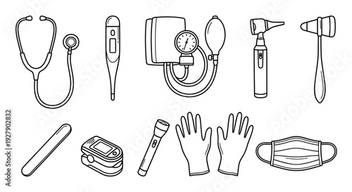 Various essential medical examination tools and equipment are neatly arranged in a clean, simple black and white outline illustration, conveying a professional healthcare theme