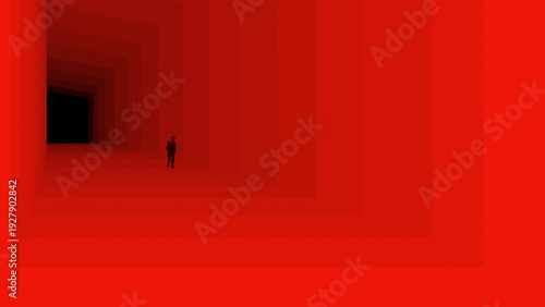 Фотография Bold artwork businessman walking through infinite red layered corridor