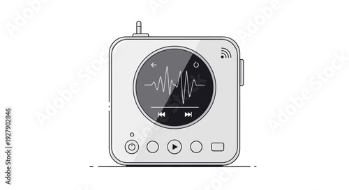 Simple line art illustration of a portable music player with a circular screen.