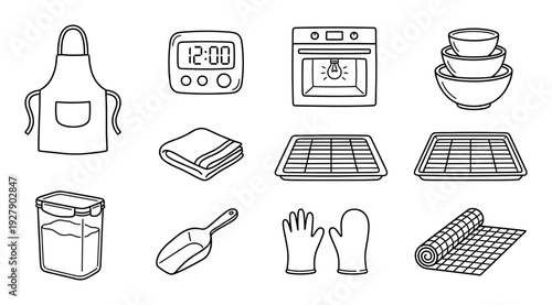Collection of hand-drawn kitchen and baking icons, including an apron, oven, timer, bowls, and various utensils, rendered in a clean, minimalist line art style