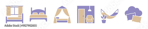 Collection of stylized home comfort icons in a minimalist flat design, featuring various beds, an armchair, a hammock, and pillows in soothing purple and beige colors