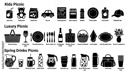 Comprehensive collection of black and white picnic icons, neatly categorized into kids, luxury, and spring drinks themes, presented in a clean, graphic, and illustrative style