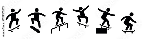 Six black silhouette skateboarder icons performing various tricks, including grinding a rail, jumping, and riding, depicted in a clean, minimalist graphic style