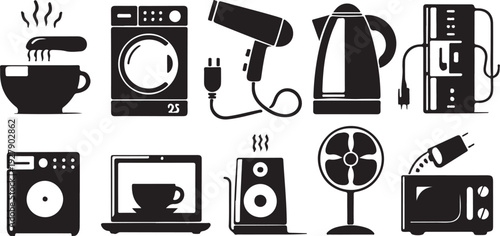 Creative set of 10 bold black and white icons representing various household electronics, including laundry machines, kitchen kettles, and multimedia devices.