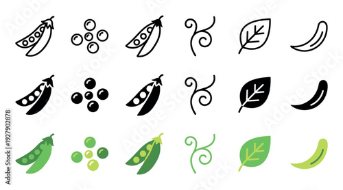 Collection of pea plant vector icons showcasing outline, solid, and colored styles for pods, loose peas, leaves, and tendrils, presented in a clean, illustrative design