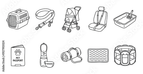 Diverse collection of black outline pet travel and care essentials, including carriers, leashes, strollers, and feeding accessories, all depicted in a clean, illustrative line art style