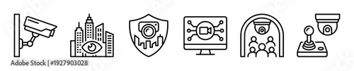 Various black outline surveillance security camera icons depict modern monitoring systems and urban protection concepts in a clean, minimalist vector style