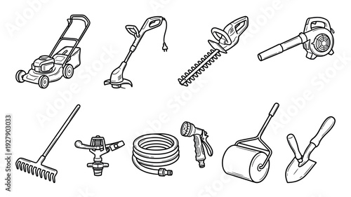 Various essential gardening tools and equipment are neatly arranged in a clear, illustrative line art style, depicting common items for yard work and landscaping