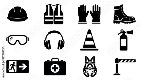 Twelve black silhouette safety and construction icons are neatly arranged in a grid, depicting essential personal protective equipment and workplace safety elements with a clear, graphic style