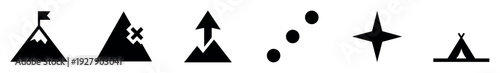 Six black silhouette outdoor adventure and navigation icons are neatly arranged in a row, depicting concepts like mountain climbing, camping, and directional guidance with a minimalist, modern design