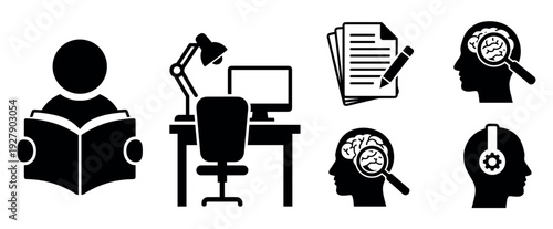 Diverse collection of black and white learning and study icons depicting various aspects of education, research, and intellectual activity in a clean, graphic style