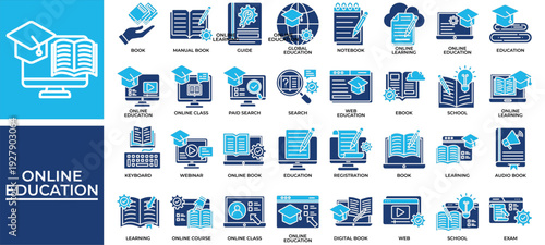 Online Education icon set collection. Containing teaching, guidance, interaction, exam, monitor, report, touch .Solid vector icons collection