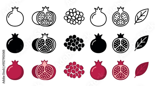 Various stylized pomegranate fruit icons are presented in a clean, graphic style, featuring whole, half, and seed clusters, along with leaves, rendered in outline, solid black, and vibrant red colors