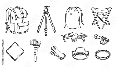Various outdoor photography and videography equipment, including a backpack, tripod, drone, and gimbal, rendered in a detailed black and white line art style