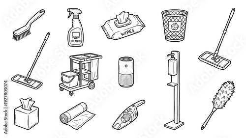 Various essential cleaning and hygiene supplies are neatly arranged in a detailed black and white line art illustration, showcasing common household and commercial maintenance tools