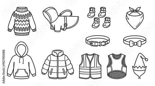 Collection of various pet clothing and accessories, including sweaters, jackets, collars, and hats, rendered in a charming outline cartoon style