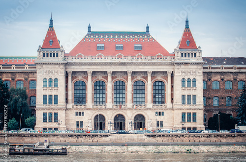 Budapest, Hungary - September 17, 2014: View of the city landmarks. Budapest University of Technology and Economics on the Buda riverside of the Danube.