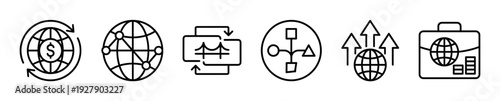 Six distinct line art business icons depict global finance, interconnected networks, data transfer, decentralized systems, market growth, and international commerce in a modern, clean style