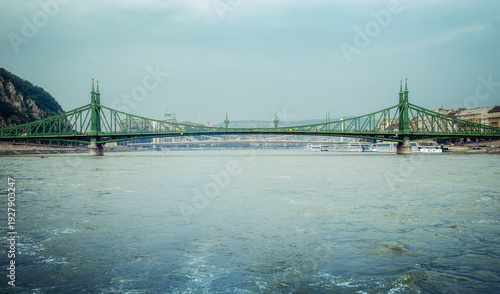 Panoramic view of Liberty Bridge spanning the Danube River in Budapest.
