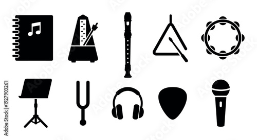 Diverse collection of black silhouette musical instruments and accessories presented as clean, modern icons with sharp details and a minimalist aesthetic