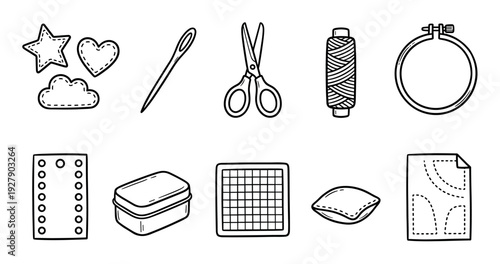 Various hand-drawn black and white sewing and crafting tools are neatly arranged, showcasing a needle, scissors, thread, hoop, and other accessories in a charming doodle style