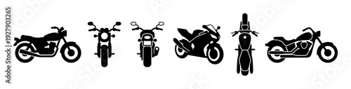 Six black silhouette motorcycles in various views, including classic, cruiser, and sport bike styles, presented as clean, graphic icons