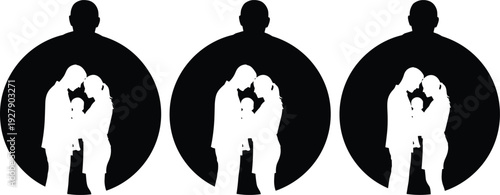 Family protection silhouette concept showing parents and child inside protective figure, love, care, safety symbol illustration isolated on white background