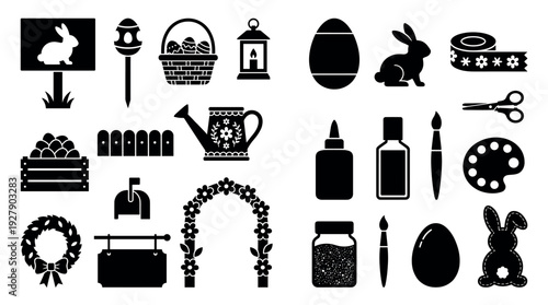 Diverse collection of black silhouette icons representing Easter, spring, and crafting elements, featuring bunnies, eggs, garden tools, and art supplies in a clean, graphic style
