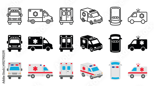 Various styles of medical ambulance icons are displayed in a comprehensive grid, featuring outline, solid, and colored flat designs from multiple perspectives