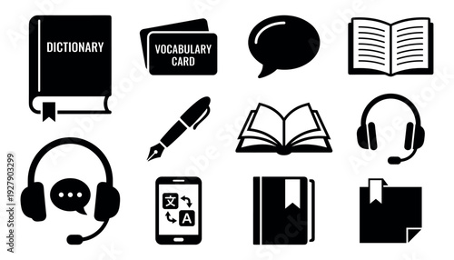 Comprehensive collection of language learning and communication icons is presented in a clean, modern black silhouette style, depicting essential tools for education and linguistic development