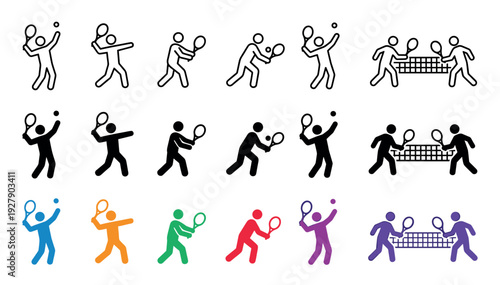 Stylized tennis player icons depict various actions and styles, including serving, hitting, and rallying, presented in outline, solid black, and vibrant color variations