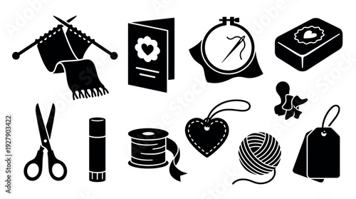 Various black silhouette craft hobby icons are displayed, including knitting, embroidery, card making, and gift wrapping elements, presented in a clean, graphic style