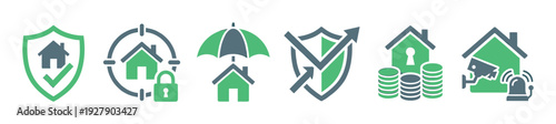 Six distinct green and grey home protection icons illustrating various aspects of property safety, insurance, and financial investment with a clean, modern flat design