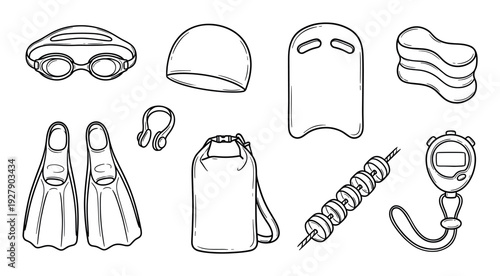Various swimming equipment items, including goggles, a swim cap, kickboard, pull buoy, flippers, and a stopwatch, are presented in a clean, detailed black and white line art illustration