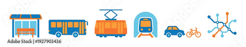 Various public and private transportation icons are neatly arranged, depicting a bus stop, bus, tram, subway, car, bicycle, and a transit map in a clean, modern flat design style