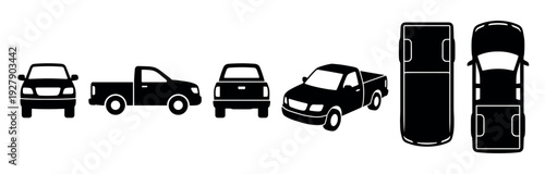 Various black silhouette pickup truck icons are displayed in a clean, minimalist style, showcasing different perspectives including front, side, rear, angled, and top-down views