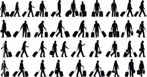 Collection of traveler silhouettes walking with rolling suitcases, diverse men and women airport passengers, travel lifestyle concept isolated on white background vector illustration set