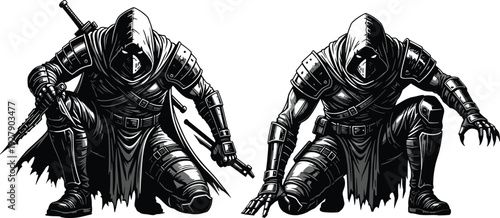Dark fantasy assassin warrior characters illustration, hooded stealth fighters with weapons, dramatic black and white vector design, isolated on white background