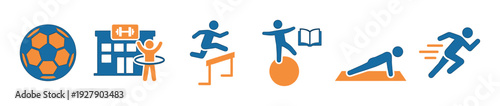 These vibrant blue and orange sports and fitness icons depict a soccer ball, gym, hurdle race, balance exercise, plank, and running, illustrating various athletic activities