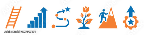 Six distinct blue and orange progress and growth icons illustrate concepts of achievement, development, and strategic advancement in a clean, modern vector style