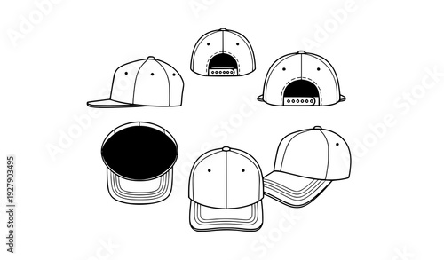 Minimal flat white snapback caps side top and angled views isolated on white background vector set