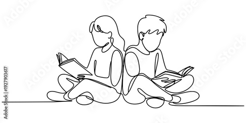 Children read book continuous one line drawing. Continuous single drawn one line boy and girl reading book drawn by hand picture silhouette. Line art. Back to school concept.