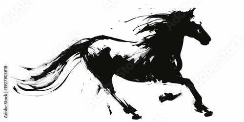 Dynamic brushstroke painting depicts a powerful black horse in motion